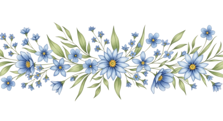 Watercolor floral border with blue flowers isolated on transparent background