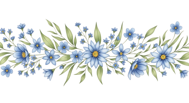 Watercolor floral border with blue flowers isolated on transparent background