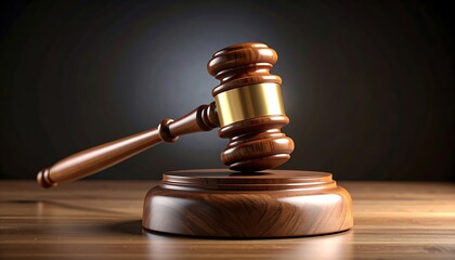 Wooden Gavel on Sound Block with Legal Justice Symbol, Courtroom Background, and Studio Shot.