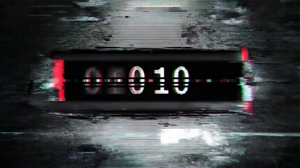Glitchy digital countdown timer displaying '010' on a distorted background.