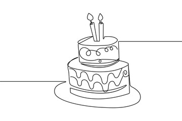 Continuous one line drawing of birthday cake in minimalist style isolated outline vector illustration
