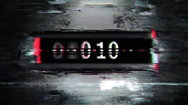 Glitchy digital countdown timer displaying '010' on a distorted background.