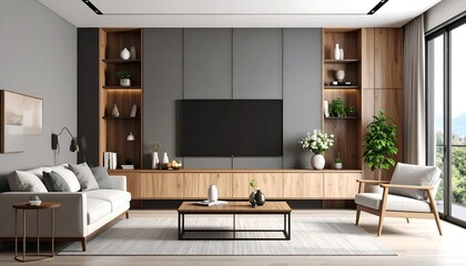 Modern living room with grey wall, wood shelving, and comfortable seating