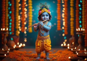 Janmashtami celebration Baby Krishna with traditional blue skin celebrating the Hindu festival of Janmashtami 