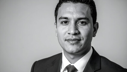 Black and white headshot of a confident professional man in a suit, looking directly at the camera. Ideal for business, corporate, or lifestyle themes.