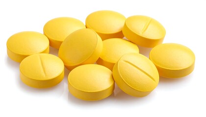 Yellow Pills with Pharmaceutical Medication, Medicine Concept, and Isolated on White Background.
