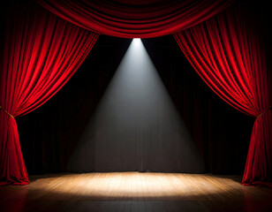 Red velvet stage curtains with a bright spotlight on an empty wooden floor, ready for performance or a grand announcement.