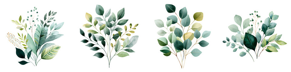 Green Leafy Bouquets Watercolor Illustration Set