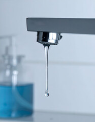 A single drop of water hangs from a shiny chrome faucet, emphasizing water conservation and the importance of fresh water resources.