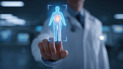 Doctor uses ai for diagnosis with futuristic hologram interface showing human body and glowing organ in hospital setting