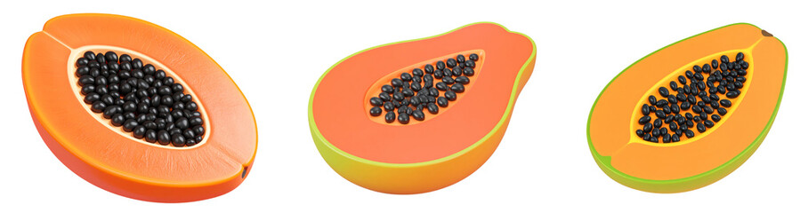 Papaya tropical fruit orange flesh black seed fresh healthy ripe juicy cut half isolated vibrant color summer sweet organic exotic vegetarian food diet nutrition delicious natural snack dessert