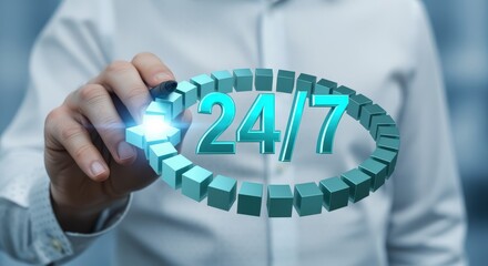 24/7 Service Availability Concept: Male Hand Interacting with Digital Display, Illustrating Round-the-Clock Support and Assistance