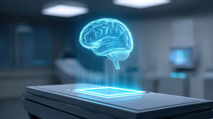 Futuristic holographic brain scan glowing blue in modern laboratory, advanced AI diagnosis technology concept
