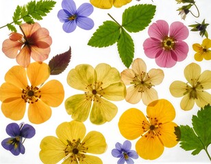 Colorful pressed flowers arranged on white background