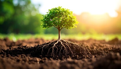 Young tree growing in soil with visible roots and sunshine with nature concept.