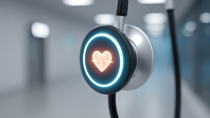 Ai powered stethoscope with glowing heart icon for diagnosis in modern hospital corridor symbolizes advanced healthcare technology