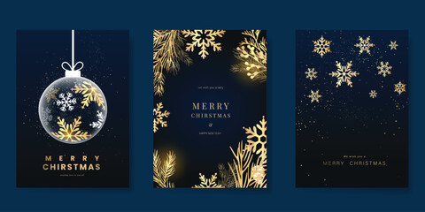 Christmas and Happy Holidays invitation card design vector. Pine leaves, snowflake, bauble on navy blue background. Design for Season's Greeting, Christmas, cover.