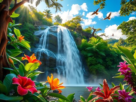 Ultra HD image of a flowing waterfall nestled among lush tropical plants and colorful flowers &mdash; vibrant nature scene conveying tranquility, natural beauty, and exotic rainforest environment


