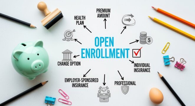 Open enrollment concept featuring piggy bank, pencils, stamp, and hand-drawn elements on white background
