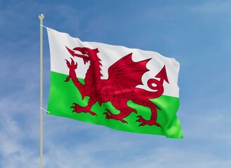 Flag of Wales Waving Proudly on a Flagpole. 3D Animation of Welsh flag. Seamless Loop with Matte.