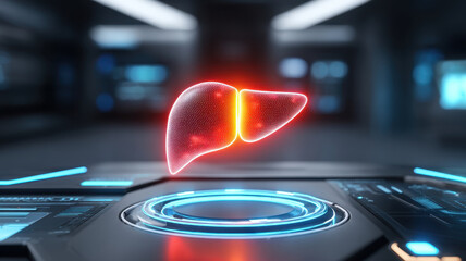 Futuristic ai diagnosis interface displays human liver hologram in modern medical laboratory with advanced technology