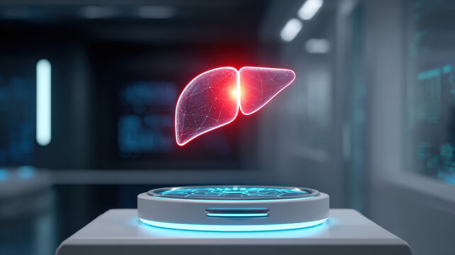 Ai diagnosis futuristic liver scan digital health technology medical innovation glowing organ hologram modern hospital - Powered by Adobe