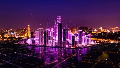Obraz premium A brightly lit, purple-outlined cityscape at night, connected by digital lines, reflected in dark water.