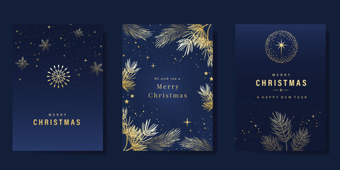 Naklejka na ściany i meble Christmas and Happy Holidays invitation card design vector. Pine leaves, snowflake, spot texture on navy blue background. Design for Season's Greeting, Christmas, cover.