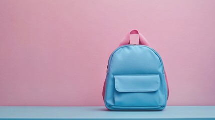 Travel backpack in soft pastel color rests neatly on a minimalist desk, surrounded by stylish potted plants, creating a serene and organized workspace atmosphere.