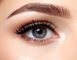 Fototapeta premium Close-up of a beautiful female eye with long lashes, a groomed eyebrow, and subtle makeup, highlighting beauty, vision, and cosmetics.