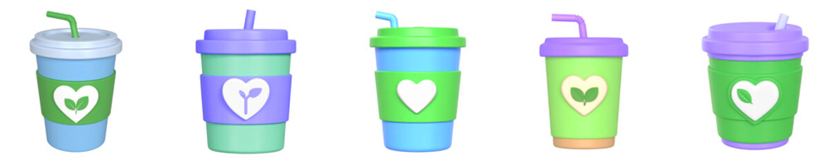 Eco friendly cup reusable cup green cup blue cup purple cup heart symbol leaf icon plastic cup straw sustainable design cheerful