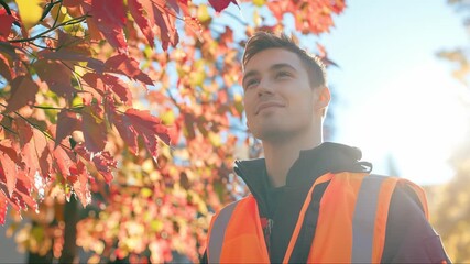 Young man in reflective vest smiles under vibrant autumn foliage in a park during golden hour - Powered by Adobe