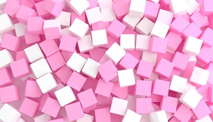 Numerous pink and white cubes are scattered across a flat surface.