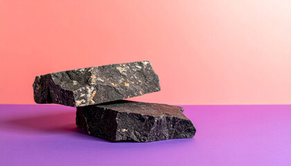 Naklejka premium Stone Display on Vibrant Background: A minimalist studio shot features two textured stones artfully arranged against a dynamic two-tone backdrop, symbolizing strength and elegance.