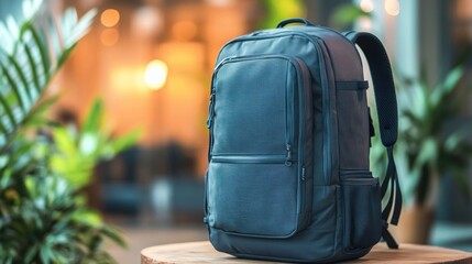 Placed gently on a wooden surface, this travel backpack features multiple compartments designed for organized packing.