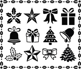 Black Christmas Icons Set &ndash; Holiday Silhouette Clipart of Tree, Bell, Gift, Star, Holly, Bow