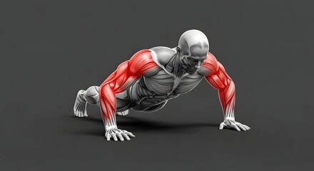Anatomical Man Doing Pushup Showing Red Muscle Highlights on Gray Background