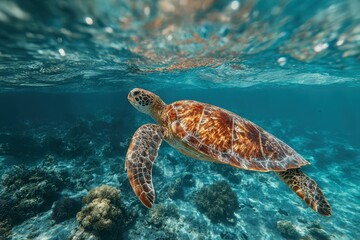 Obraz premium Sea turtle swimming through clear waters, aqua and deep blue contrast