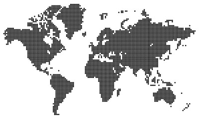 Dot shape vector map. Global geographic representation with dotted world map patterns. Dotted world map technology for worldwide visuals. Modern world map geographic illustrations.