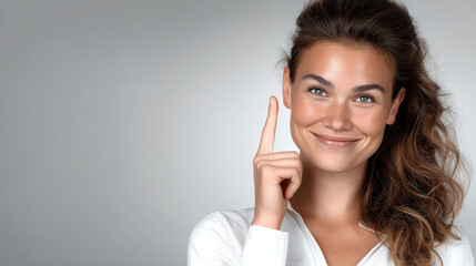 Smiling woman with brown hair in white shirt pointing up, confident and thoughtful expression, studio gray background