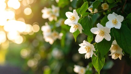 Obraz premium Sunlit white blossoms and green leaves