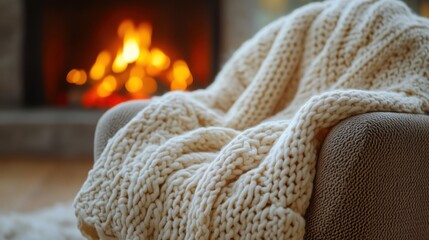 Cozy woolen blanket on vintage armchair near a warm fireplace with blurred flames in a comforting space