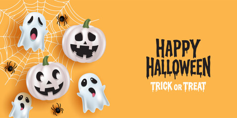 Halloween posters, cards, banner with cute white pumpkins, gosh and flying spider web in modern style. collection of Happy Halloween background, flayer, cover, Brochure with copy space for ads promo