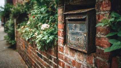Weathered metal mailbox on brick wall, surrounded by greenery