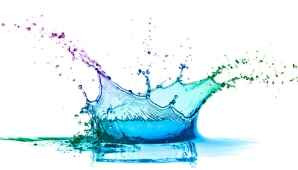 Transparent drops and clear blue water splash creating a fresh ripple on a white background