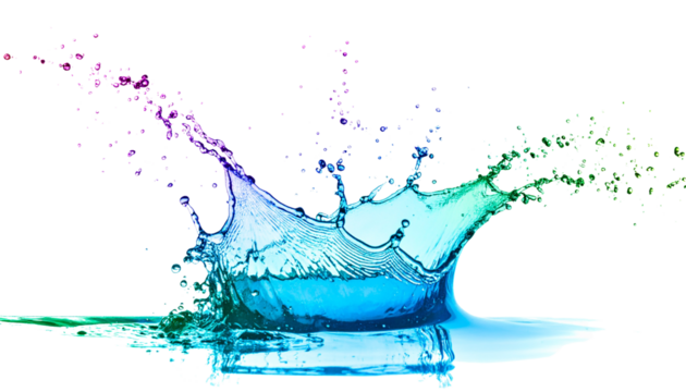 Transparent drops and clear blue water splash creating a fresh ripple on a white background