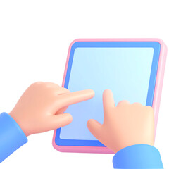 3D hand finger touching digital tablet screen blue and pink device cartoon style technology interactive communication isolated on transparency background
