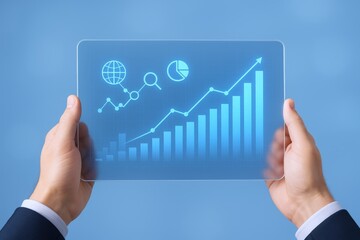 Hands Hold Digital Tablet Displaying Business Growth Graph and Chart on Blue Background