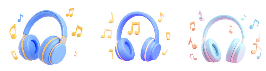 Headphone music note audio sound wireless technology blue entertainment 3D illustration create playful and vibrant scene with floating musical notes around modern headphones