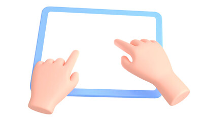3D hand finger touch gesture digital screen tablet technology interaction cartoon style illustration of two hands interacting with blank digital tablet conveying playful and modern concept